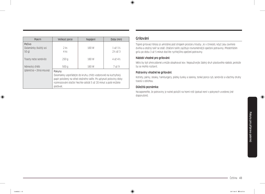 Samsung MC28M6075CS/EO, MC28M6075CS/OL manual Nádobí vhodné pro grilování, Potraviny vhodné ke grilování, Důležitá poznámka 