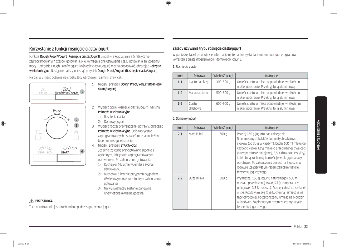 Samsung MC28M6075CS/EO manual Korzystanie z funkcji rośnięcie ciasta/jogurt, Zasady używania trybu rośnięcie ciasta/jogurt 