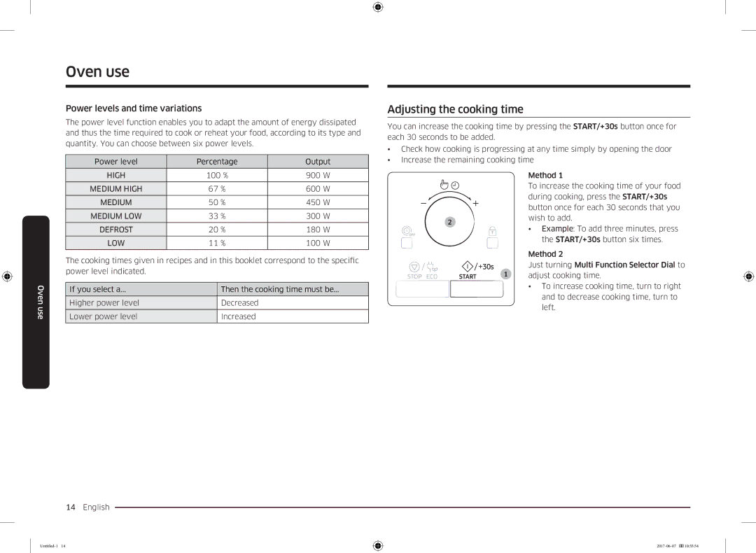 Samsung MC28M6075CS/OL, MC28M6075CS/EO manual Adjusting the cooking time, Power levels and time variations 