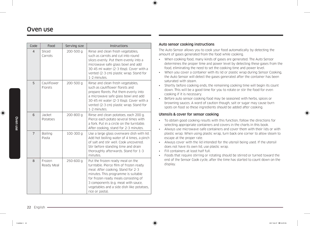 Samsung MC28M6075CS/OL, MC28M6075CS/EO manual Auto sensor cooking instructions, Utensils & cover for sensor cooking 