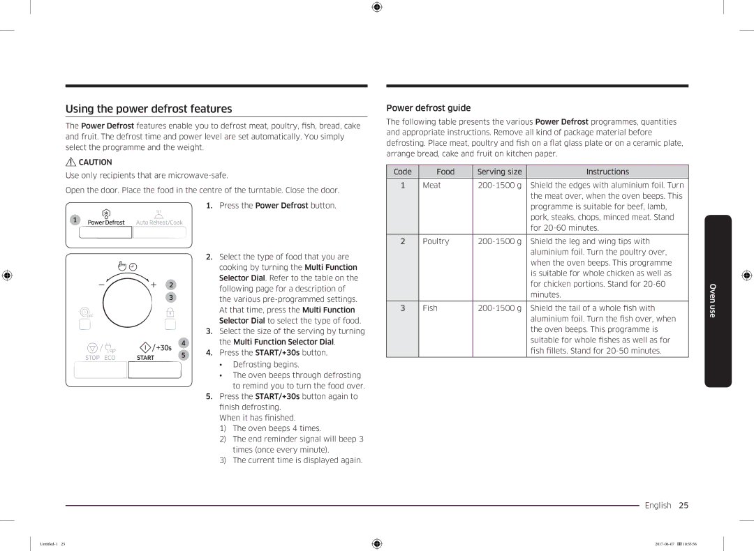 Samsung MC28M6075CS/EO, MC28M6075CS/OL manual Using the power defrost features, Power defrost guide 