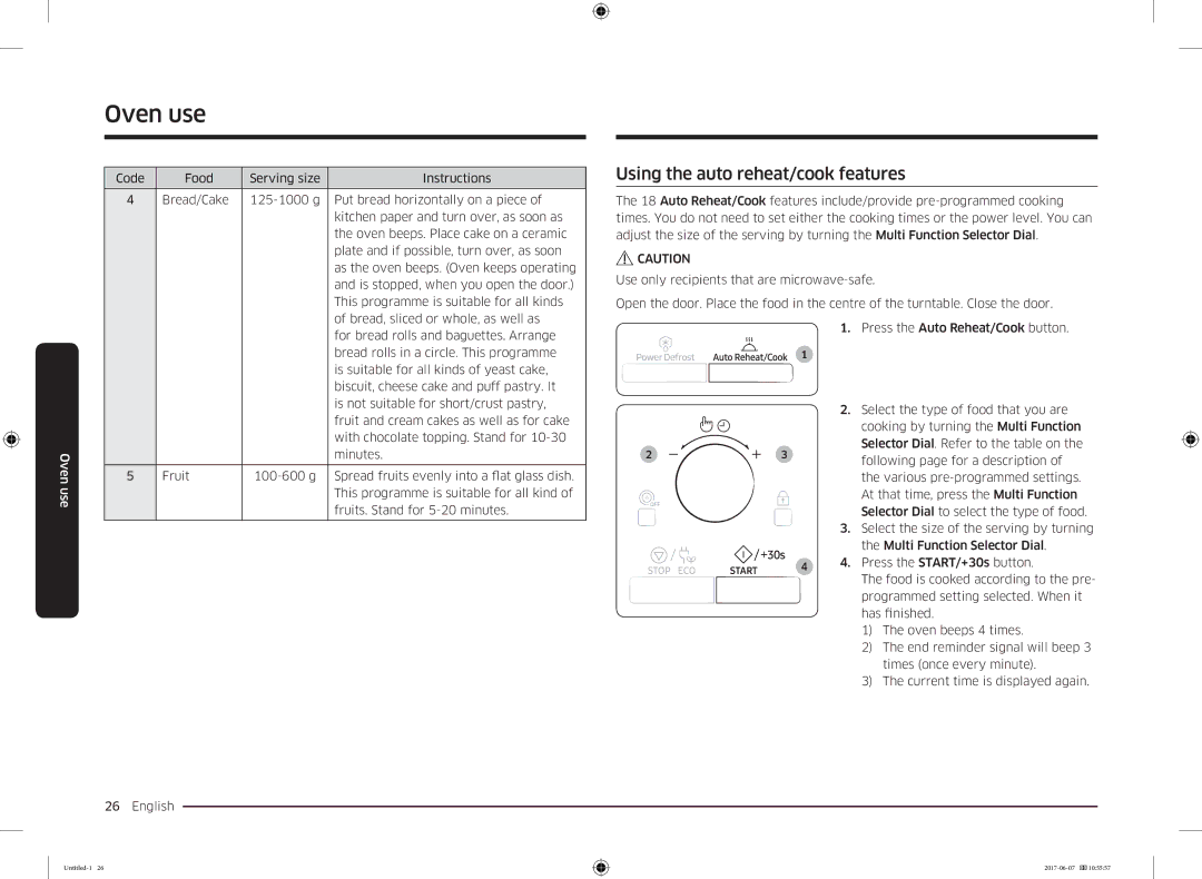 Samsung MC28M6075CS/OL, MC28M6075CS/EO manual Using the auto reheat/cook features 