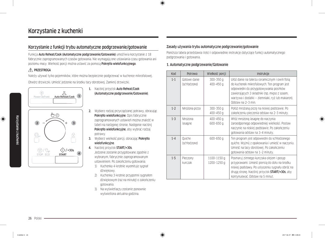 Samsung MC28M6075CS/OL Zasady używania trybu automatyczne podgrzewanie/gotowanie, Automatyczne podgrzewanie/Gotowanie 