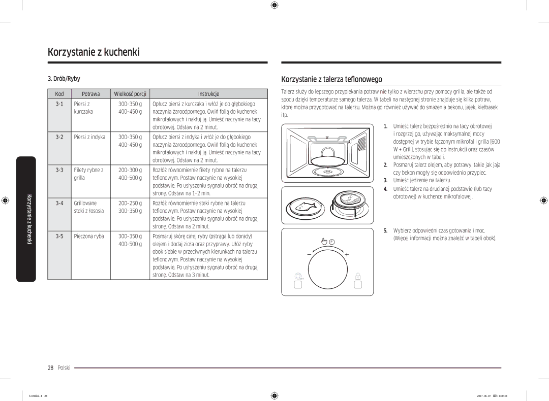 Samsung MC28M6075CS/OL, MC28M6075CS/EO manual Korzystanie z talerza teflonowego, Drób/Ryby 