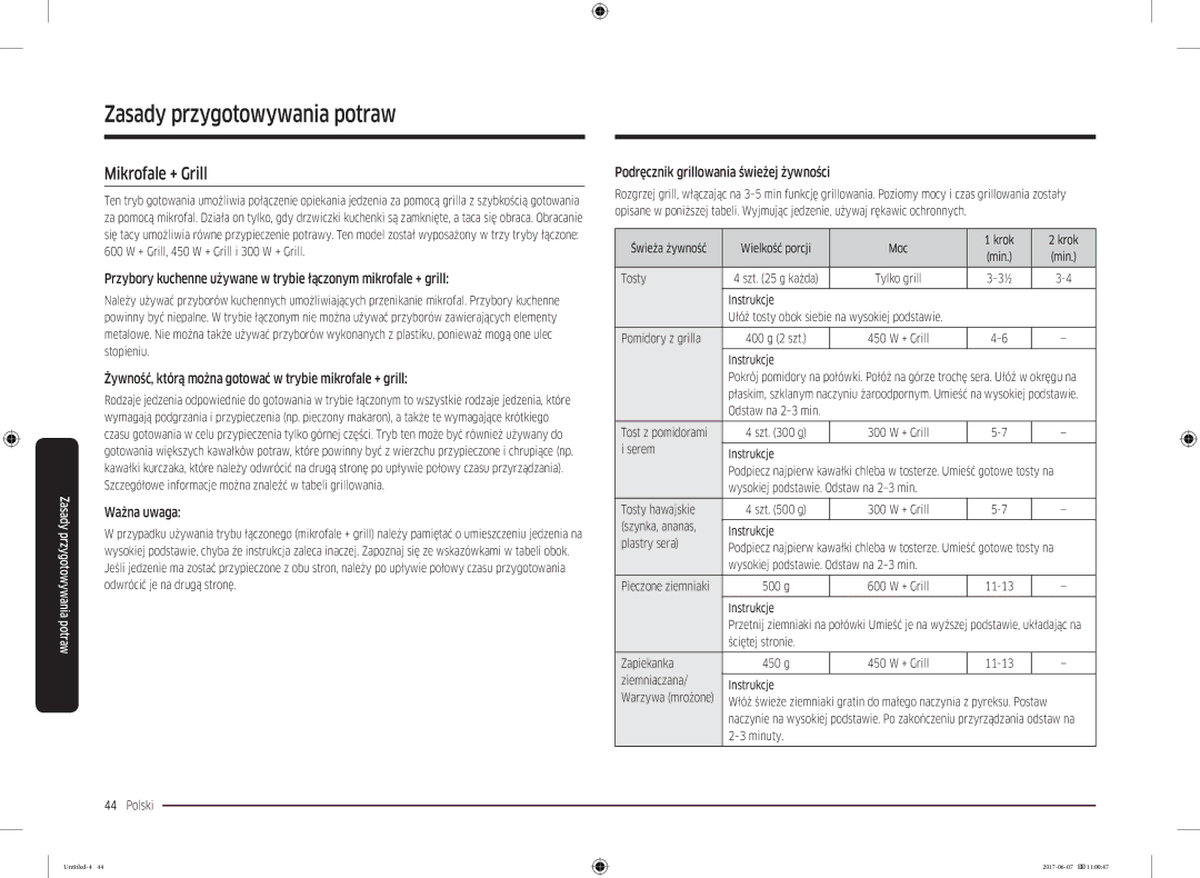 Samsung MC28M6075CS/OL, MC28M6075CS/EO manual Mikrofale + Grill, Żywność, którą można gotować w trybie mikrofale + grill 