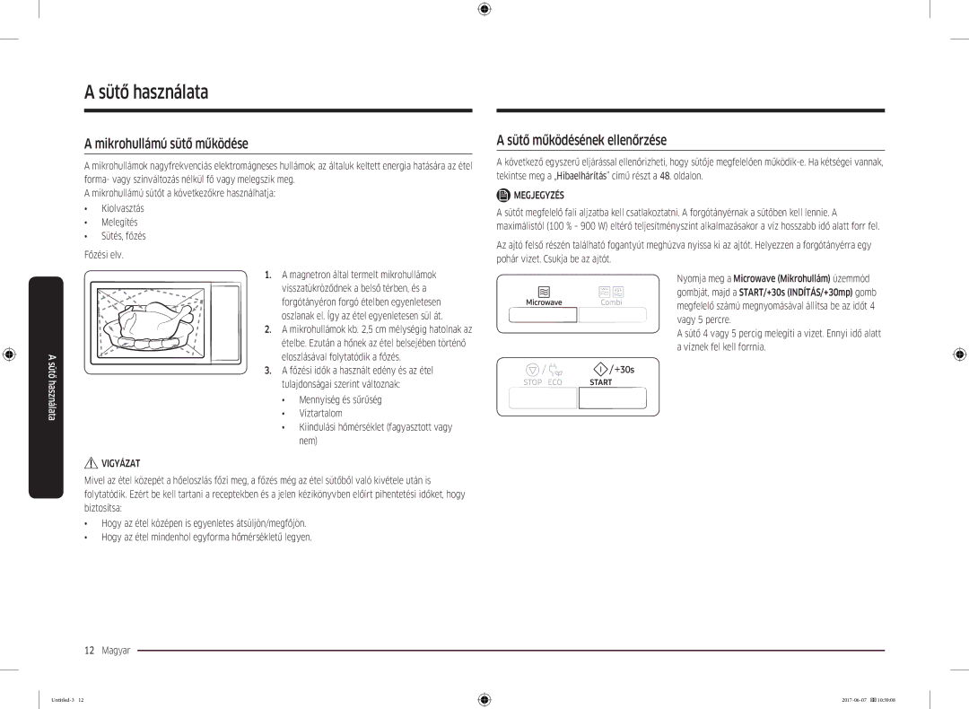 Samsung MC28M6075CS/OL, MC28M6075CS/EO manual Sütő használata, Mikrohullámú sütő működése, Sütő működésének ellenőrzése 