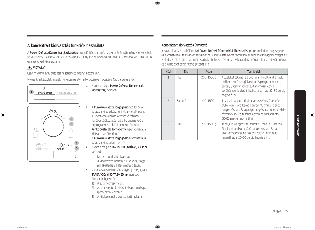 Samsung MC28M6075CS/EO, MC28M6075CS/OL manual Koncentrált kiolvasztás funkciók használata, Koncentrált kiolvasztás útmutató 