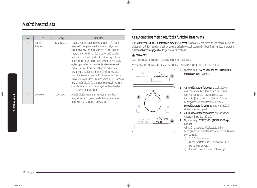 Samsung MC28M6075CS/OL, MC28M6075CS/EO manual Az automatikus melegítés/főzés funkciók használata, Gyümölcs 100-600 g 