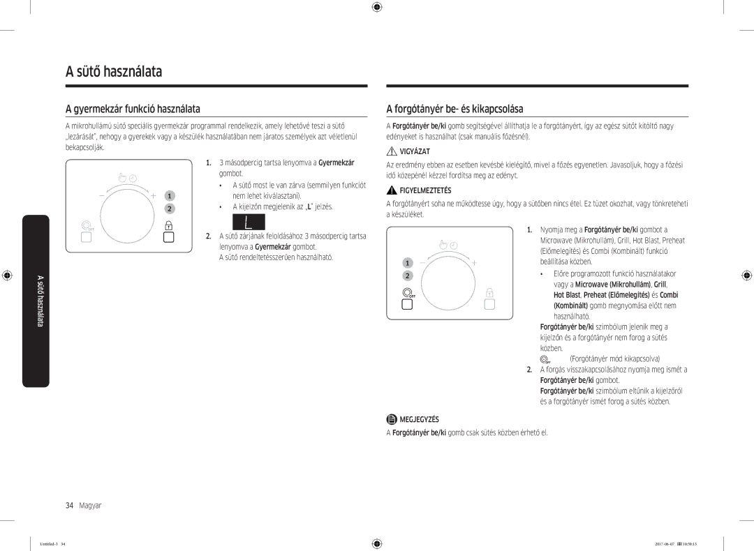 Samsung MC28M6075CS/OL, MC28M6075CS/EO manual Gyermekzár funkció használata, Forgótányér be- és kikapcsolása 