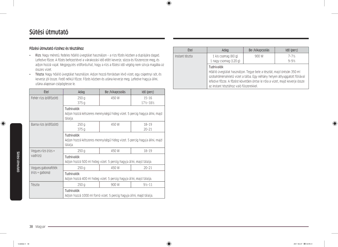 Samsung MC28M6075CS/OL, MC28M6075CS/EO manual Főzési útmutató rizshez és tésztához, Tálalja Vegyes rizs rizs + 250 g 