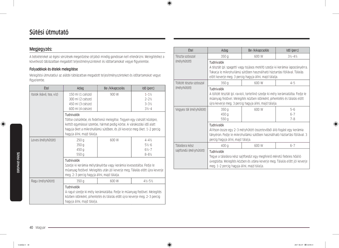 Samsung MC28M6075CS/OL, MC28M6075CS/EO manual Megjegyzés, Folyadékok és ételek melegítése 