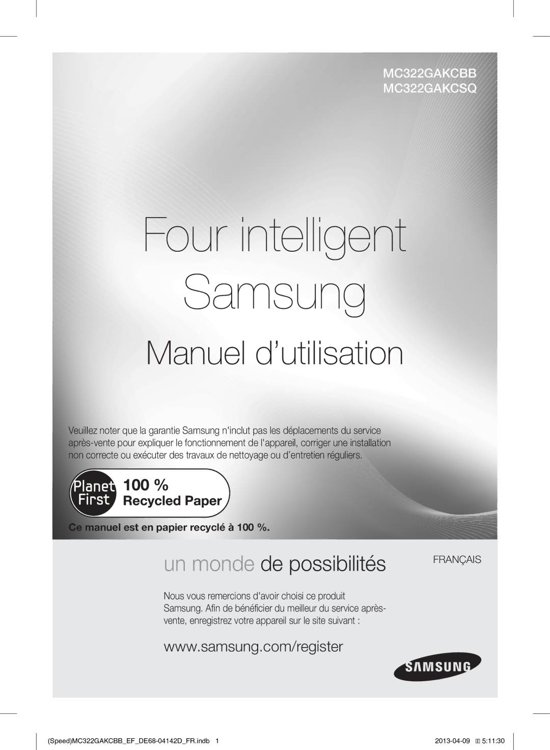 Samsung MC322GAKCBB/EF manual Ce manuel est en papier recyclé à 100 %, Nous vous remercions davoir choisi ce produit 