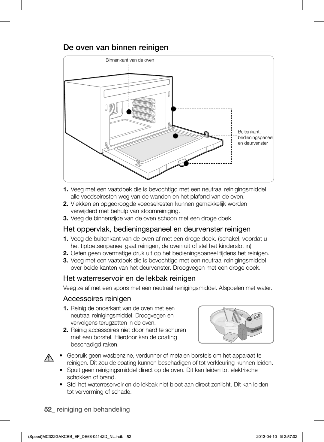 Samsung MC322GAKCBB/EF manual De oven van binnen reinigen, Het oppervlak, bedieningspaneel en deurvenster reinigen 