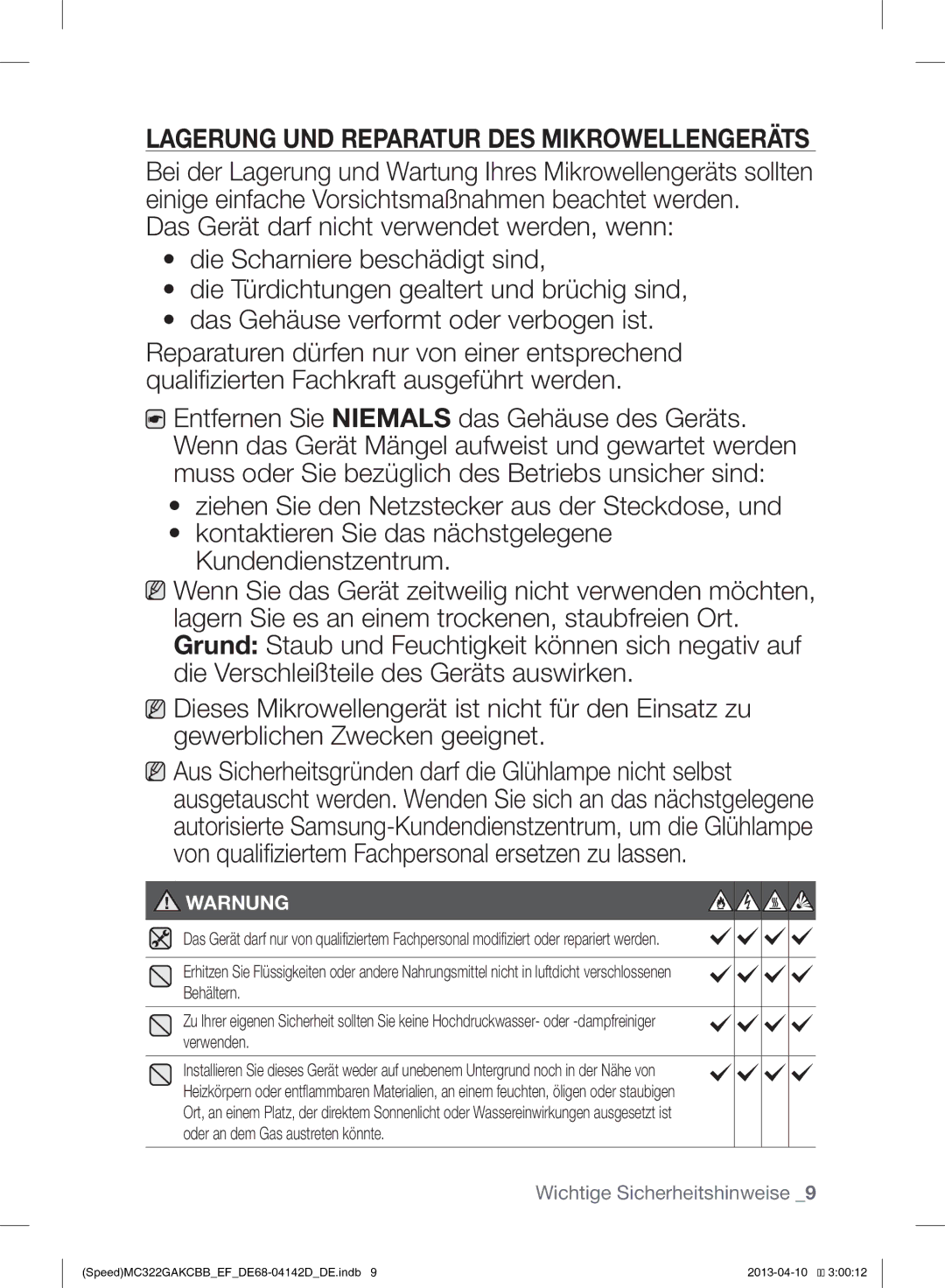 Samsung MC322GAKCBB/EF manual Lagerung UND Reparatur DES Mikrowellengeräts 