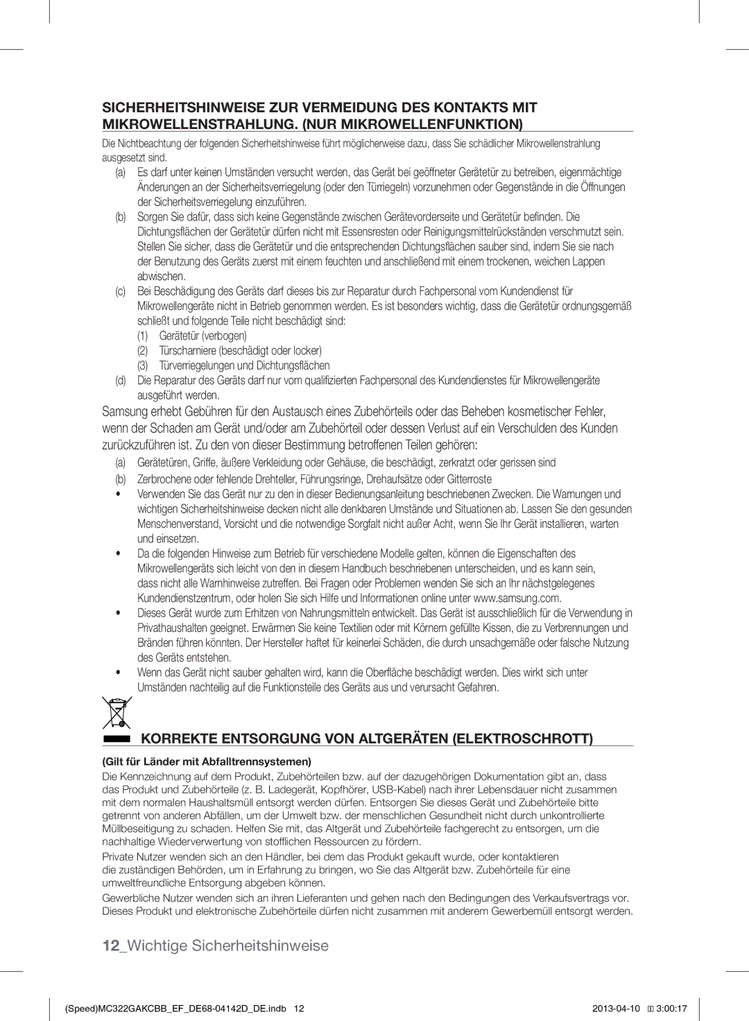 Samsung MC322GAKCBB/EF manual Korrekte Entsorgung VON Altgeräten Elektroschrott, Gilt für Länder mit Abfalltrennsystemen 