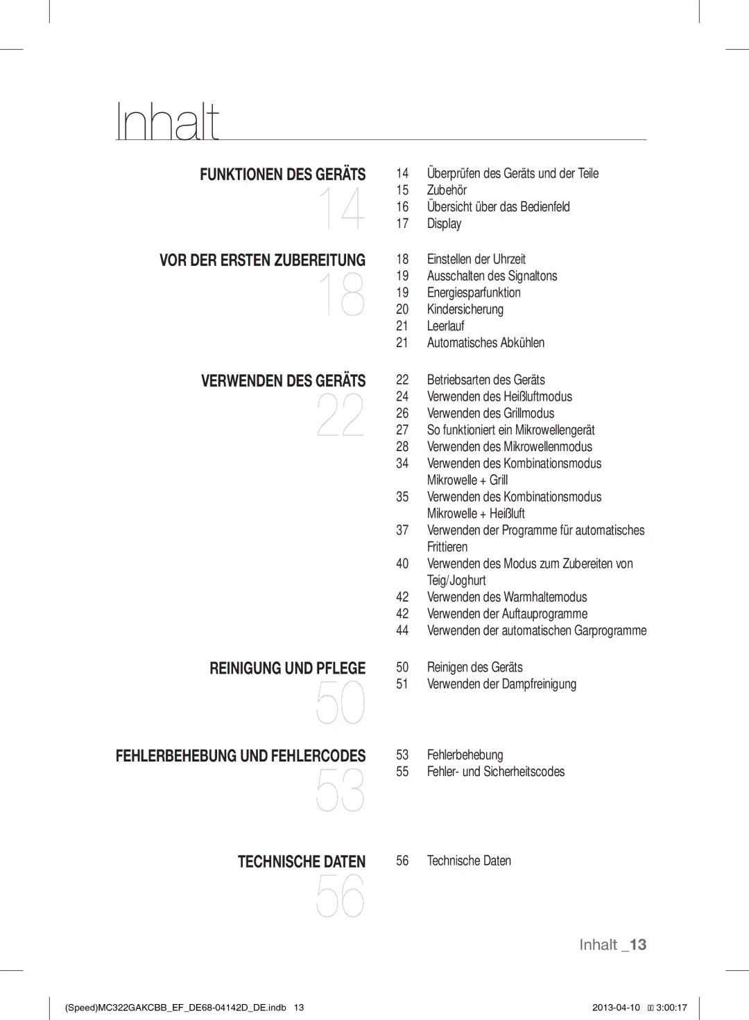 Samsung MC322GAKCBB/EF manual Inhalt, Fehlerbehebung UND Fehlercodes 