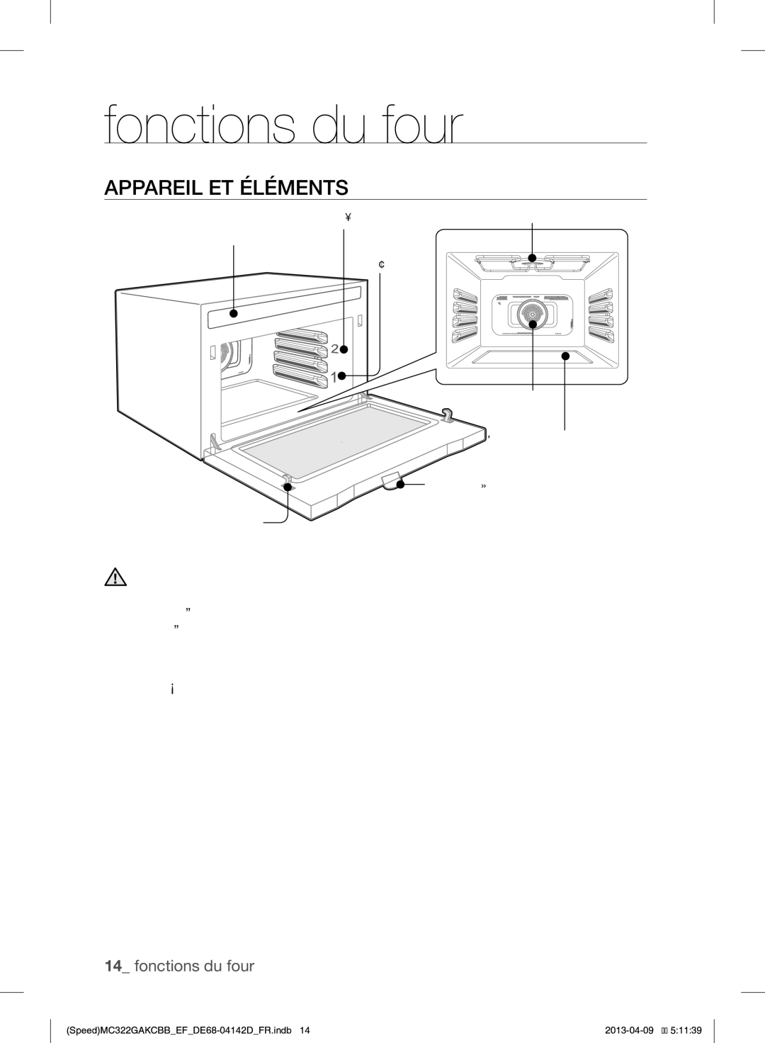 Samsung MC322GAKCBB/EF manual Fonctions du four, Appareil ET Éléments, Libellé du menu de cuisson Niveau 