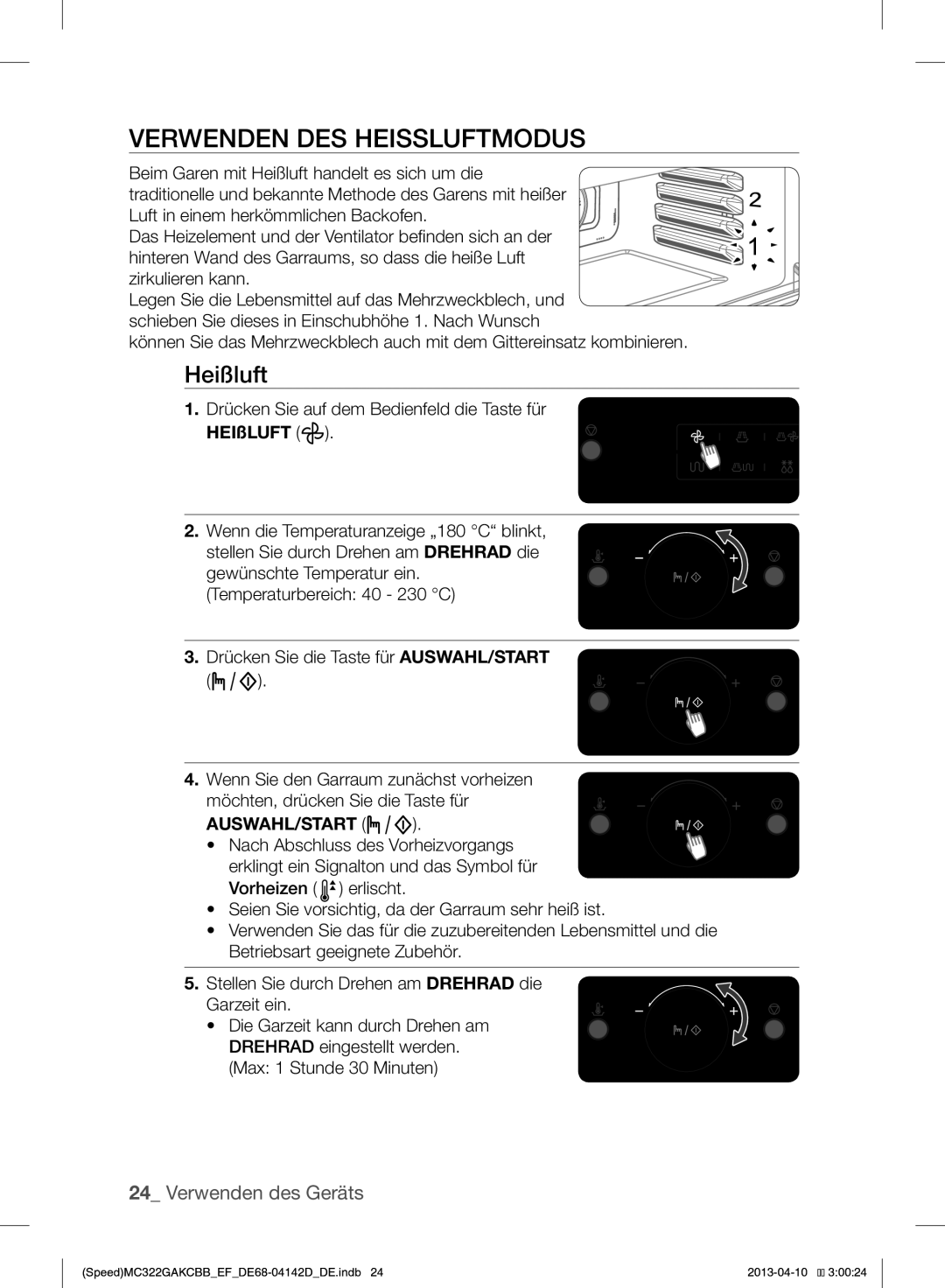 Samsung MC322GAKCBB/EF manual Verwenden DES Heissluftmodus, Heißluft, Auswahl/Start 