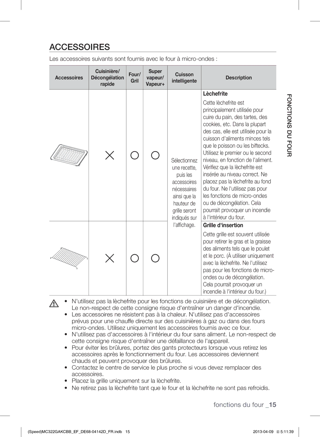 Samsung MC322GAKCBB/EF manual Accessoires, Lèchefrite, Grille dinsertion 