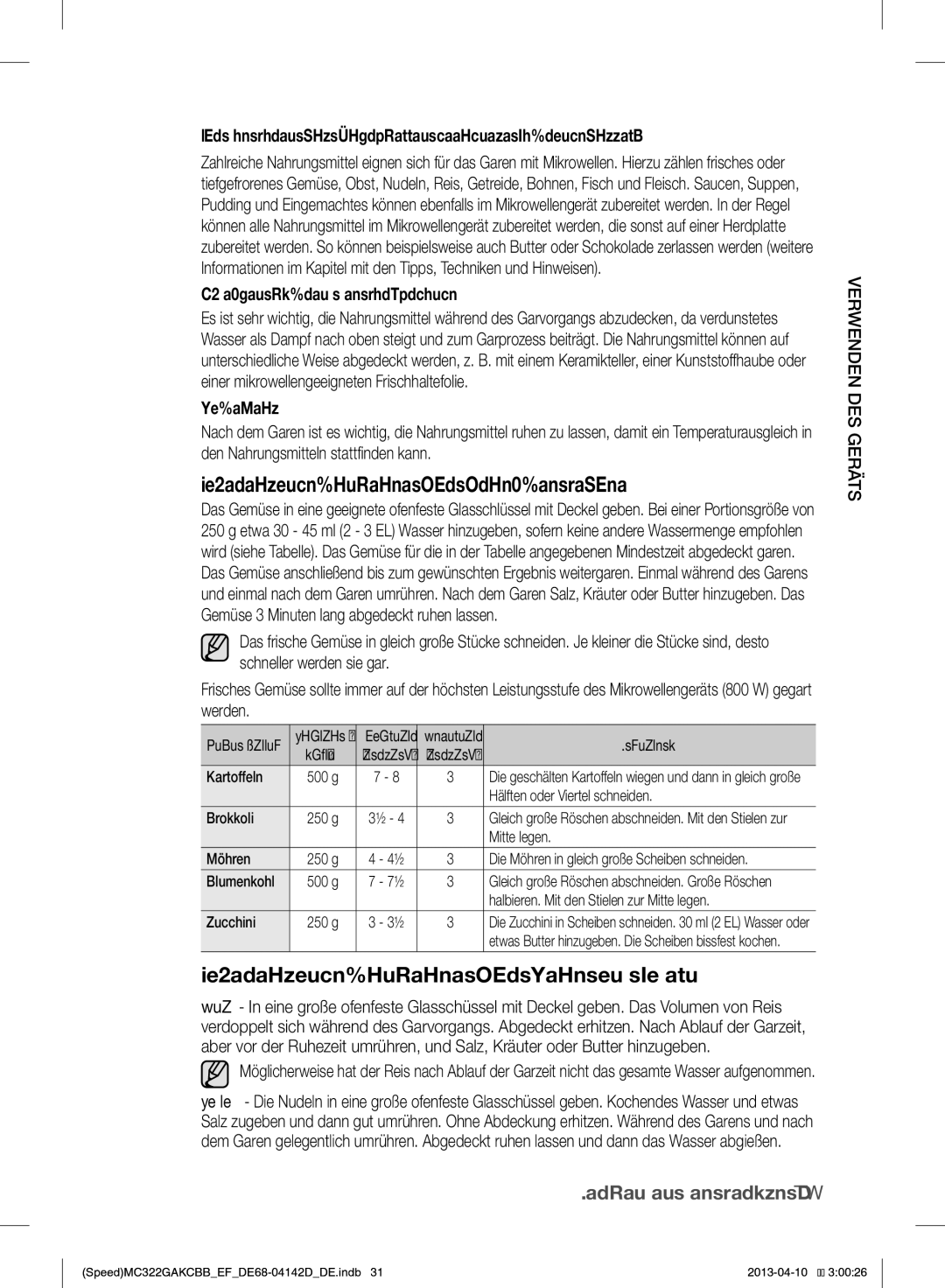 Samsung MC322GAKCBB/EF manual Zubereitungshinweise für frisches Gemüse, Zubereitungshinweise für Reis und Nudeln, Anleitung 