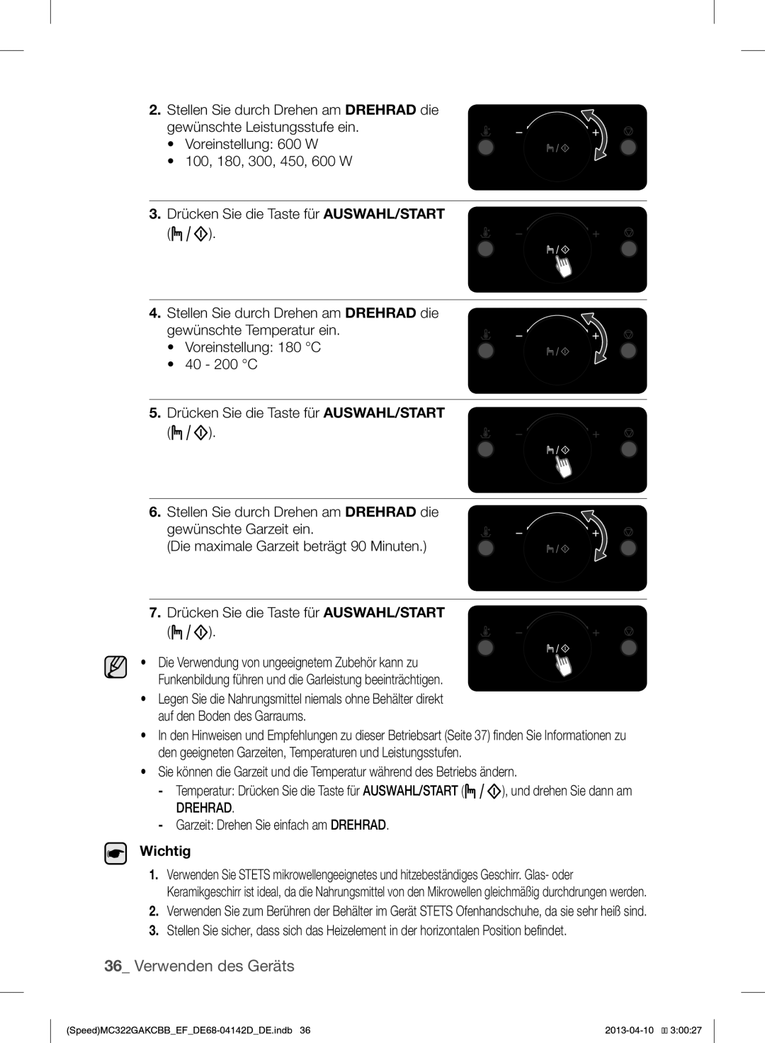 Samsung MC322GAKCBB/EF manual Garzeit Drehen Sie einfach am Drehrad, Wichtig 