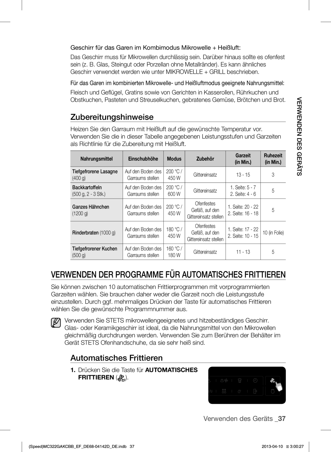 Samsung MC322GAKCBB/EF manual Automatisches Frittieren, Geschirr für das Garen im Kombimodus Mikrowelle + Heißluft 