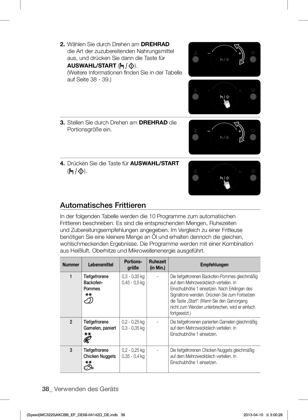 Samsung MC322GAKCBB/EF manual Wählen Sie durch Drehen am Drehrad, Empfehlungen 