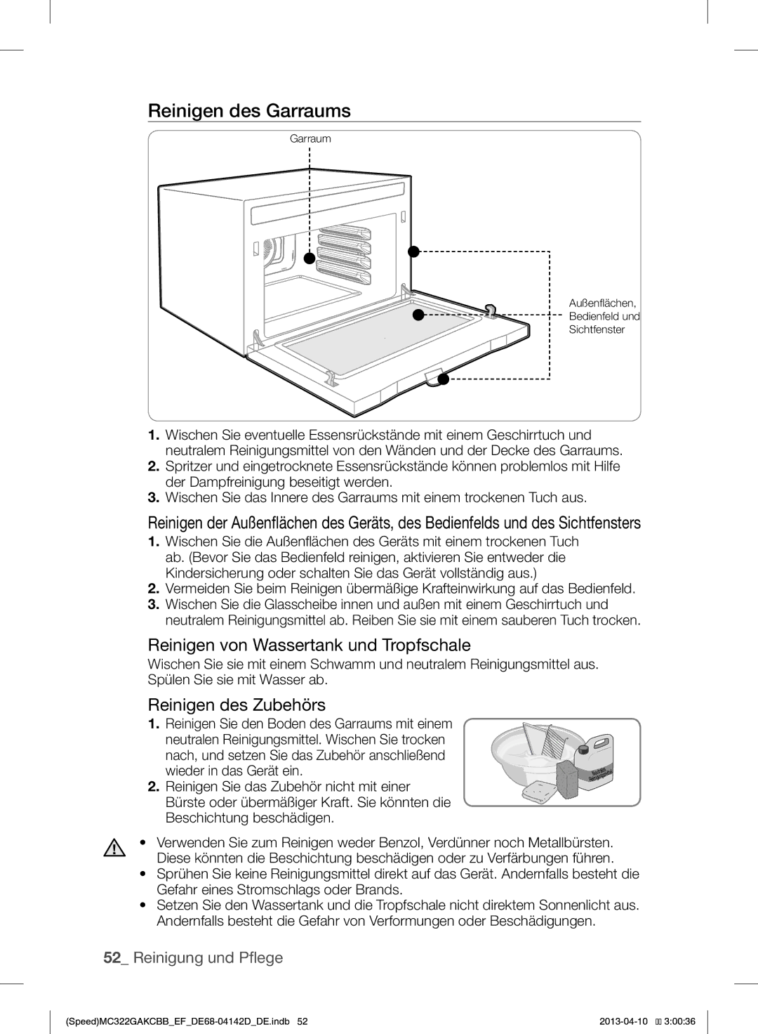 Samsung MC322GAKCBB/EF manual Reinigen des Garraums, Reinigen von Wassertank und Tropfschale, Reinigen des Zubehörs 