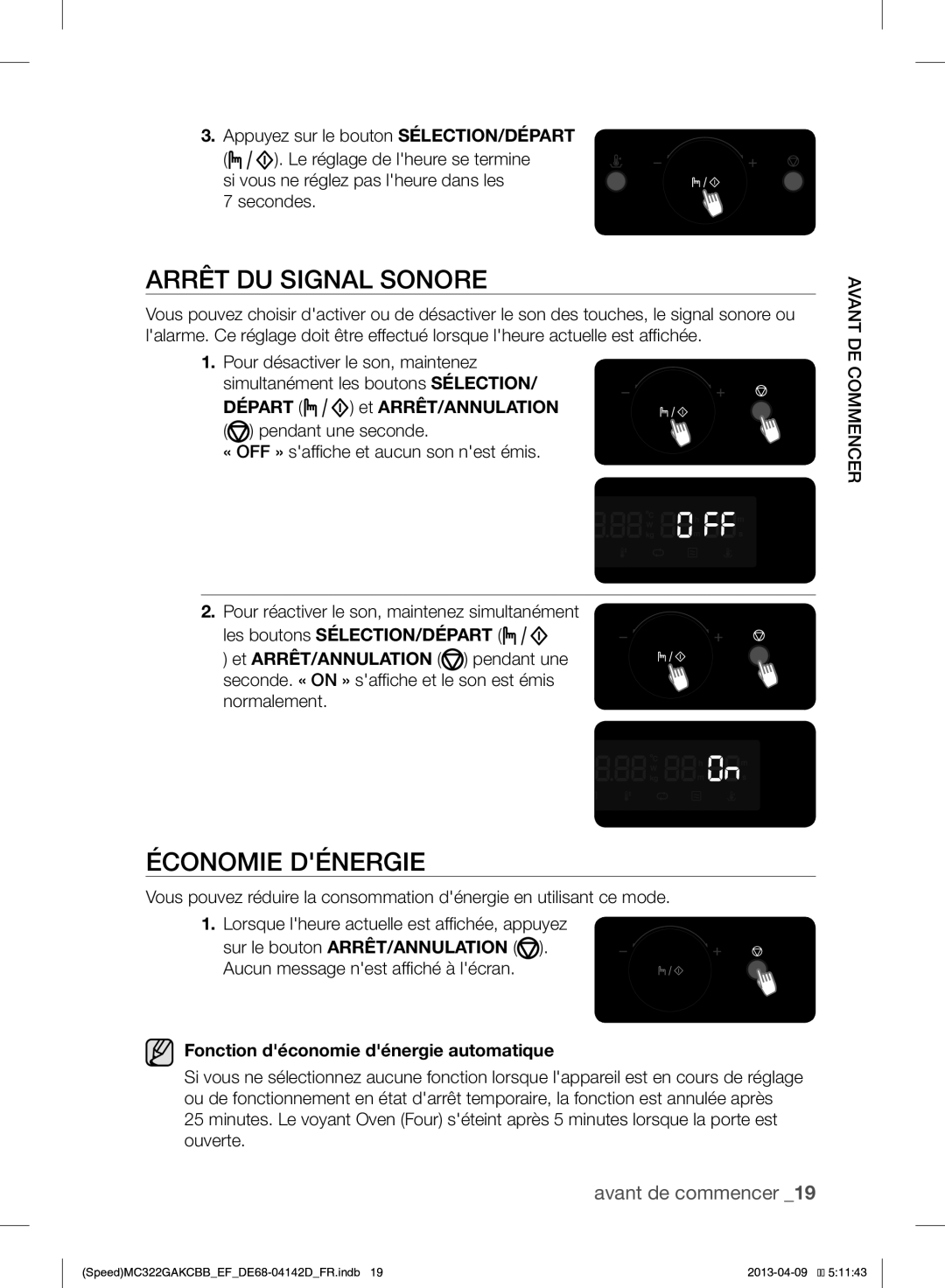 Samsung MC322GAKCBB/EF manual Arrêt DU Signal Sonore, Économie Dénergie, Départ et ARRÊT/ANNULATION 