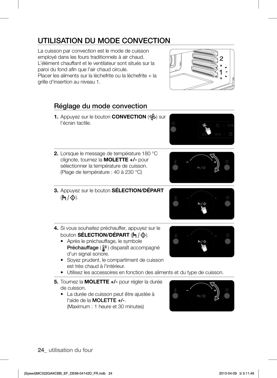 Samsung MC322GAKCBB/EF manual Utilisation DU Mode Convection, Réglage du mode convection, Bouton SÉLECTION/DÉPART 