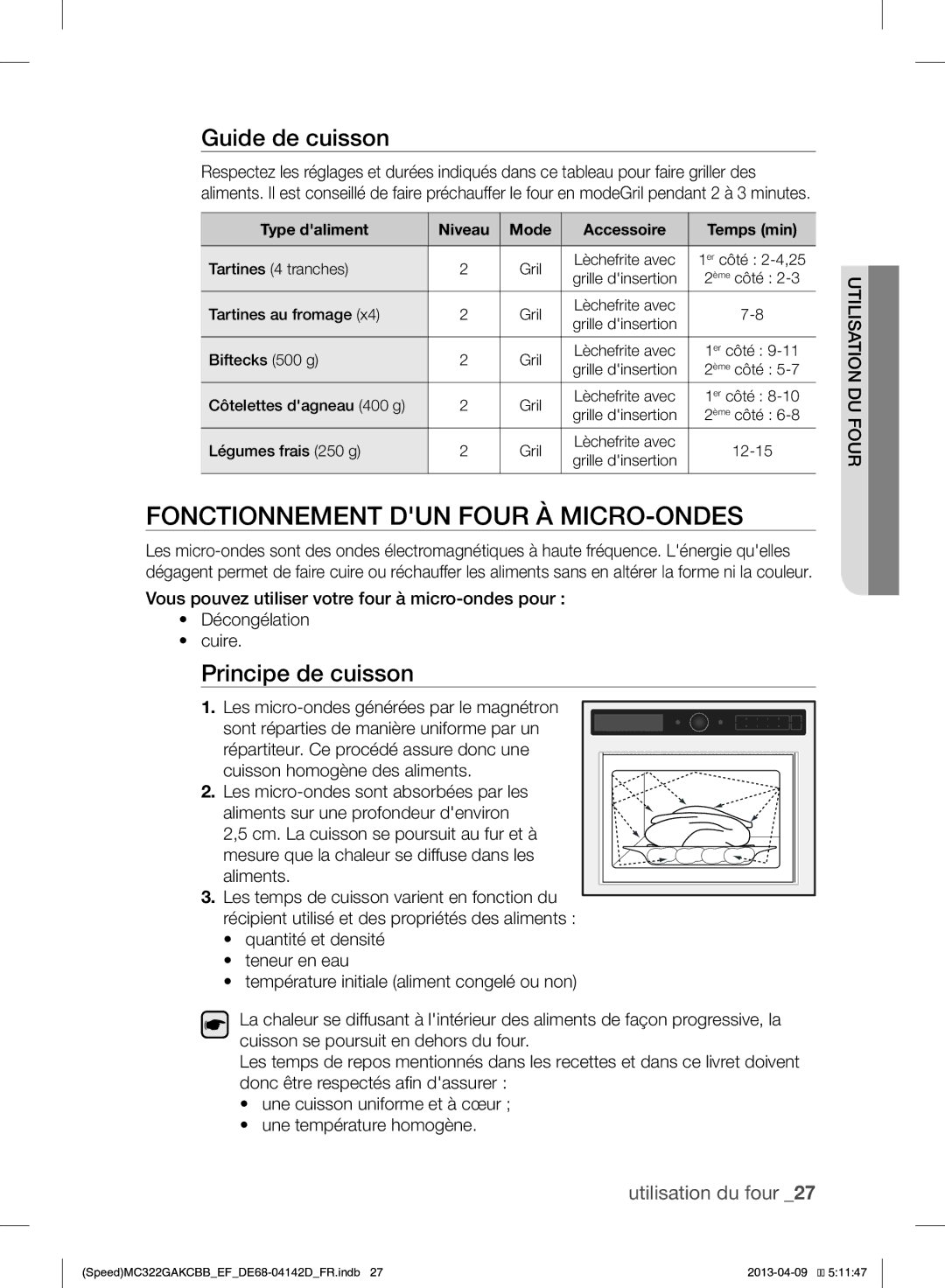 Samsung MC322GAKCBB/EF manual Fonctionnement DUN Four À MICRO-ONDES, Principe de cuisson, Type daliment 