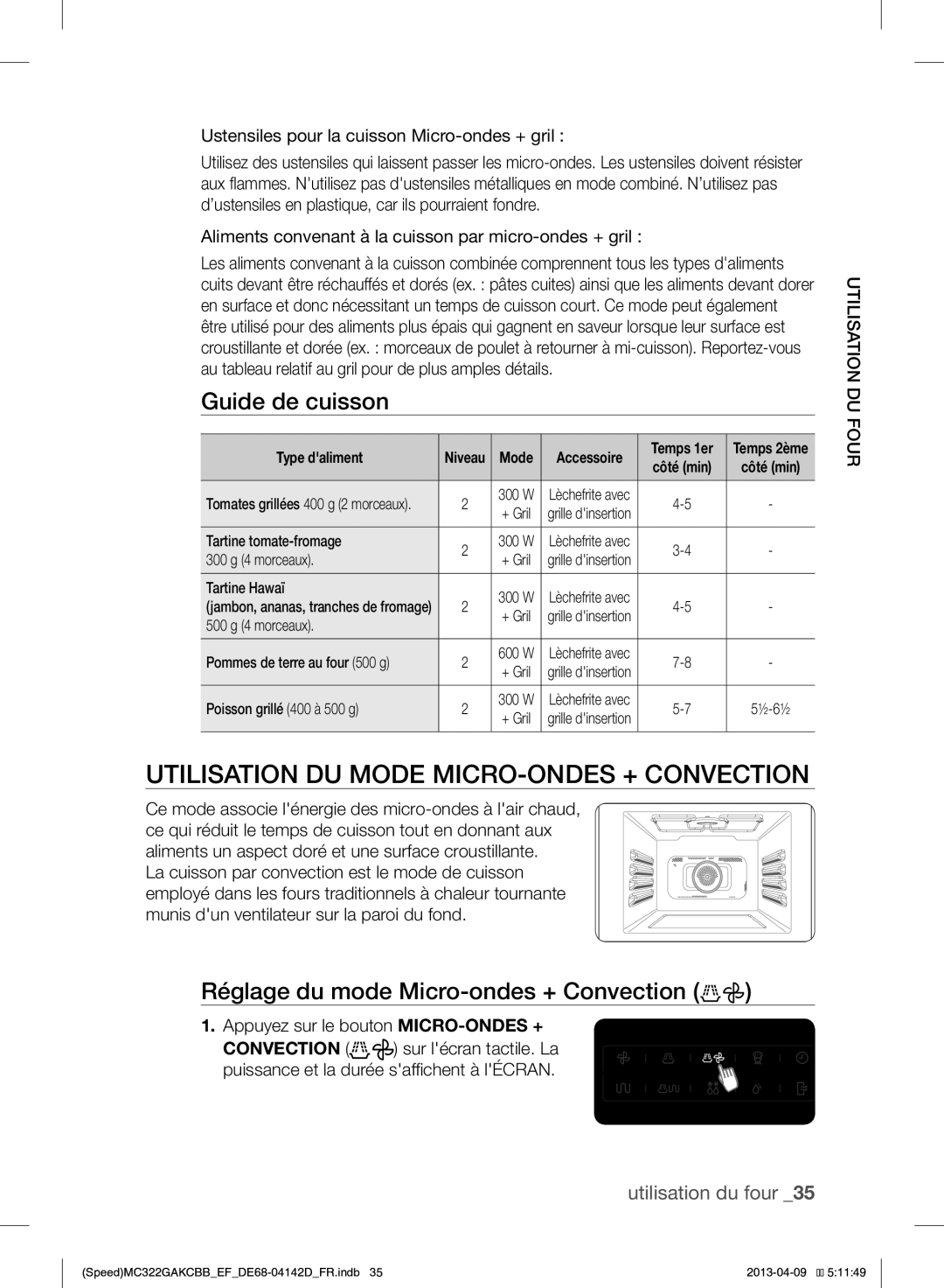 Samsung MC322GAKCBB/EF manual Utilisation DU Mode MICRO-ONDES + Convection, Réglage du mode Micro-ondes + Convection 