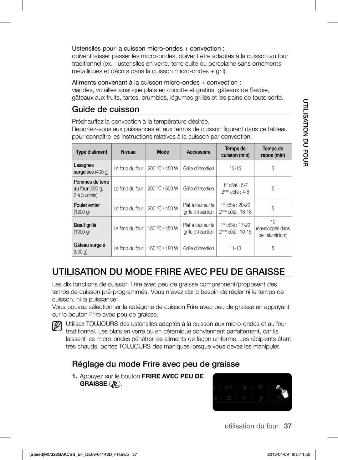 Samsung MC322GAKCBB/EF Utilisation DU Mode Frire Avec PEU DE Graisse, Réglage du mode Frire avec peu de graisse, Temps de 