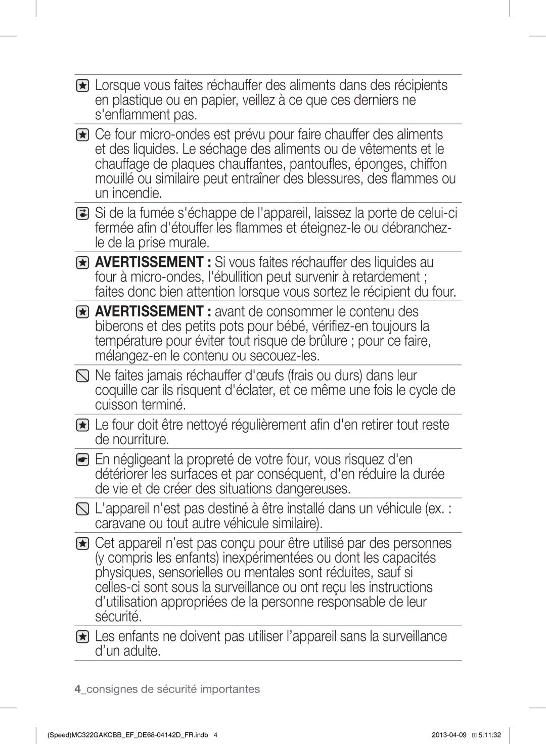 Samsung MC322GAKCBB/EF manual 4consignes de sécurité importantes 