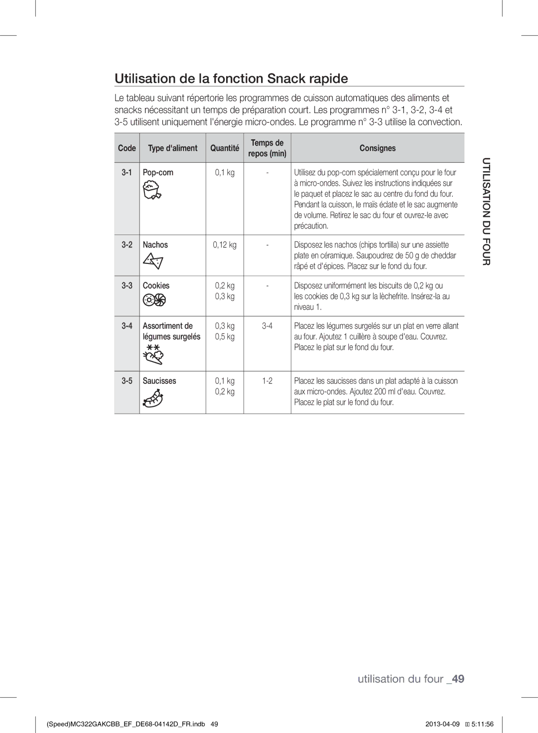 Samsung MC322GAKCBB/EF manual Utilisation de la fonction Snack rapide 