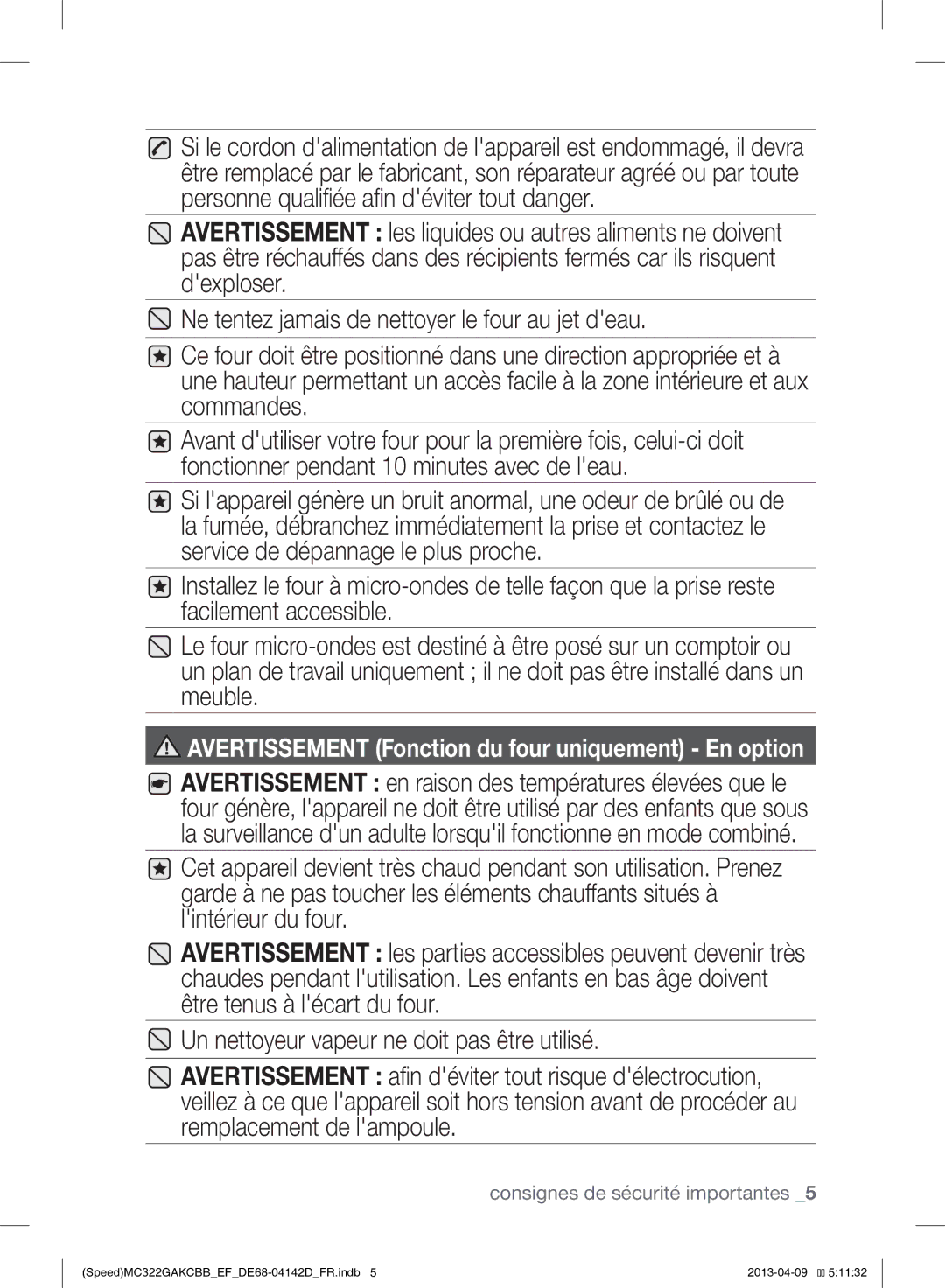 Samsung MC322GAKCBB/EF manual Avertissement Fonction du four uniquement En option 