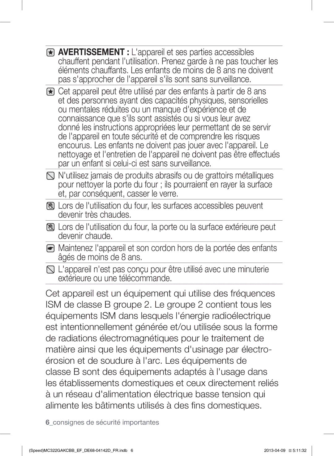 Samsung MC322GAKCBB/EF manual 6consignes de sécurité importantes 