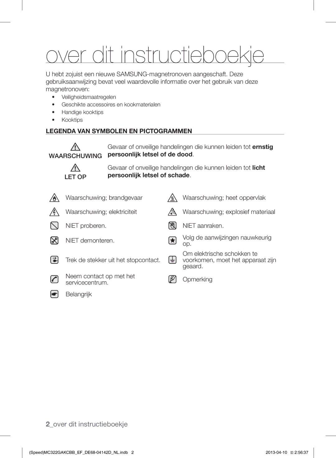 Samsung MC322GAKCBB/EF Over dit instructieboekje, Waarschuwing persoonlijk letsel of de dood, Persoonlijk letsel of schade 