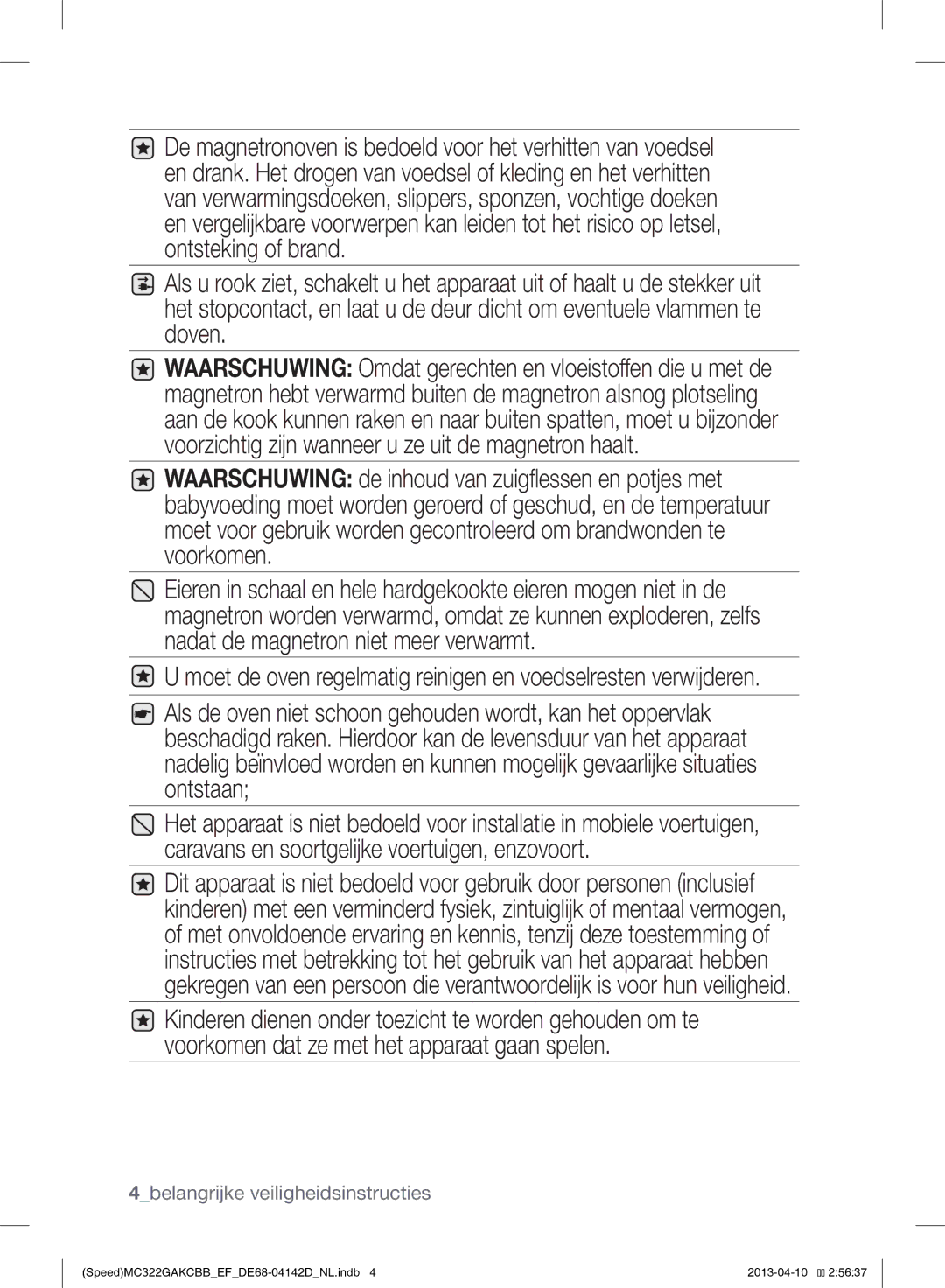 Samsung MC322GAKCBB/EF manual 4belangrijke veiligheidsinstructies 