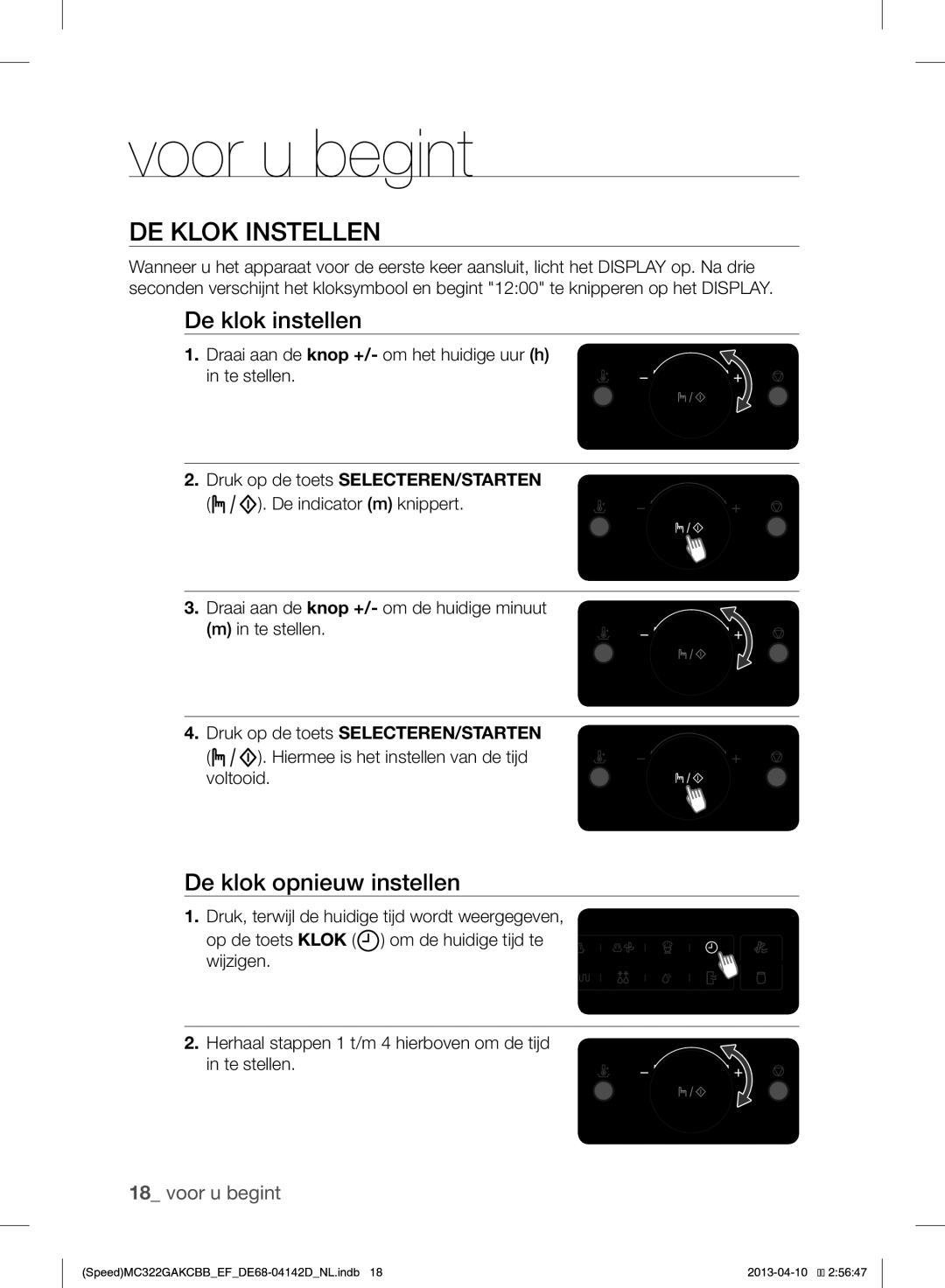 Samsung MC322GAKCBB/EF manual Voor u begint, DE Klok Instellen, De klok instellen, De klok opnieuw instellen 