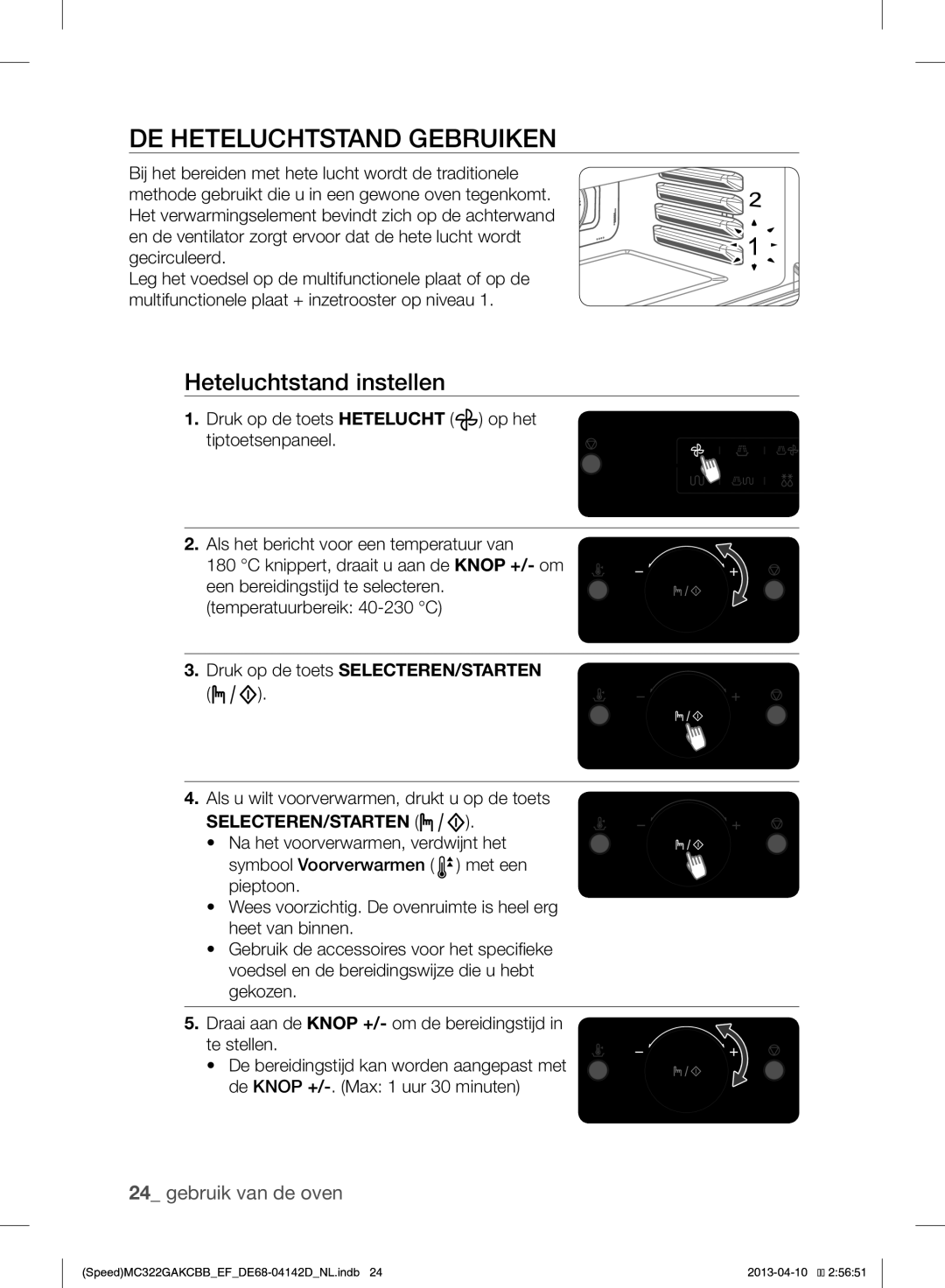 Samsung MC322GAKCBB/EF manual DE Heteluchtstand Gebruiken, Heteluchtstand instellen 