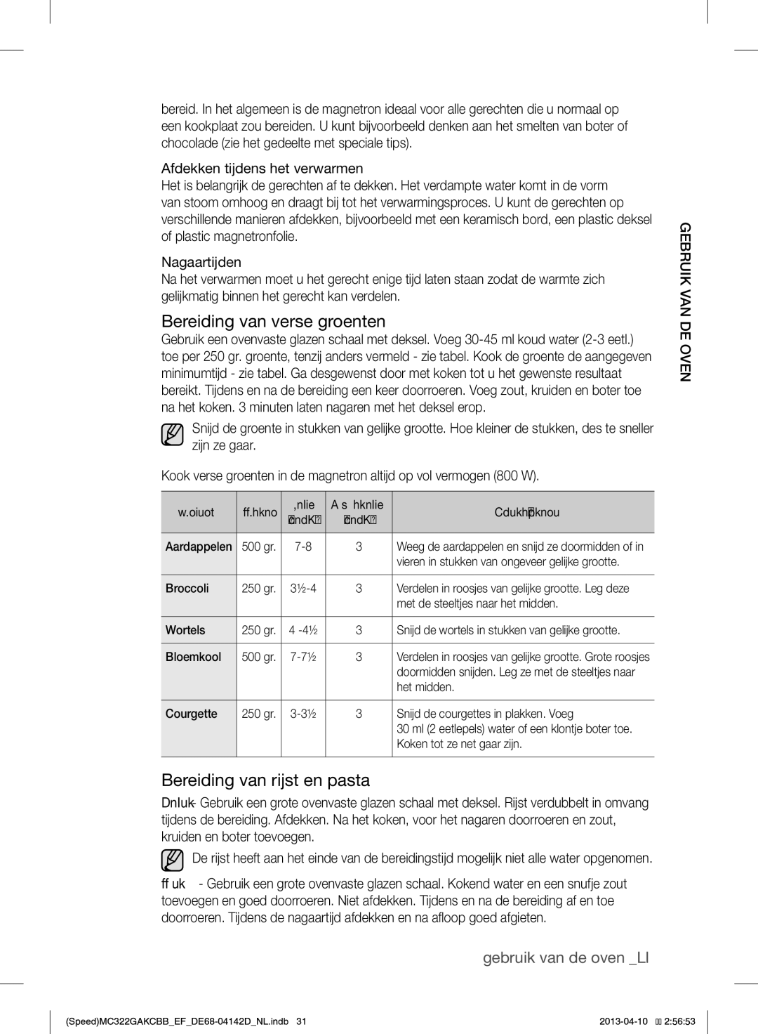 Samsung MC322GAKCBB/EF manual Bereiding van verse groenten, Bereiding van rijst en pasta, Voedsel, Instructies 