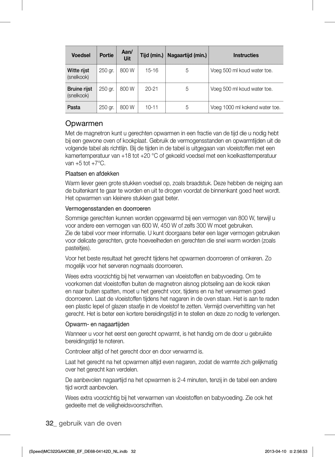 Samsung MC322GAKCBB/EF manual Opwarmen, Aan 