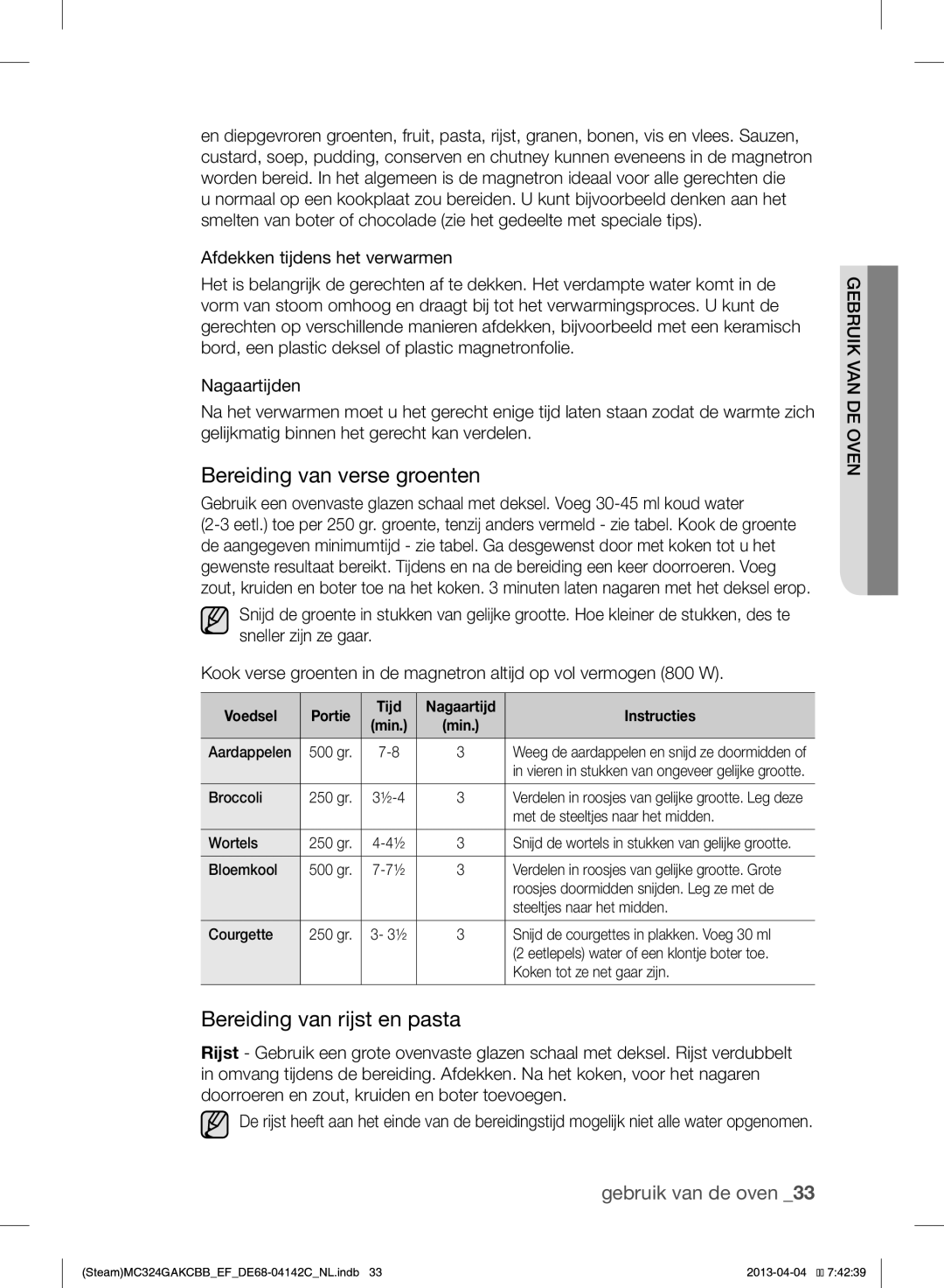 Samsung MC324GAKCBB/EF manual Bereiding van verse groenten, Bereiding van rijst en pasta 