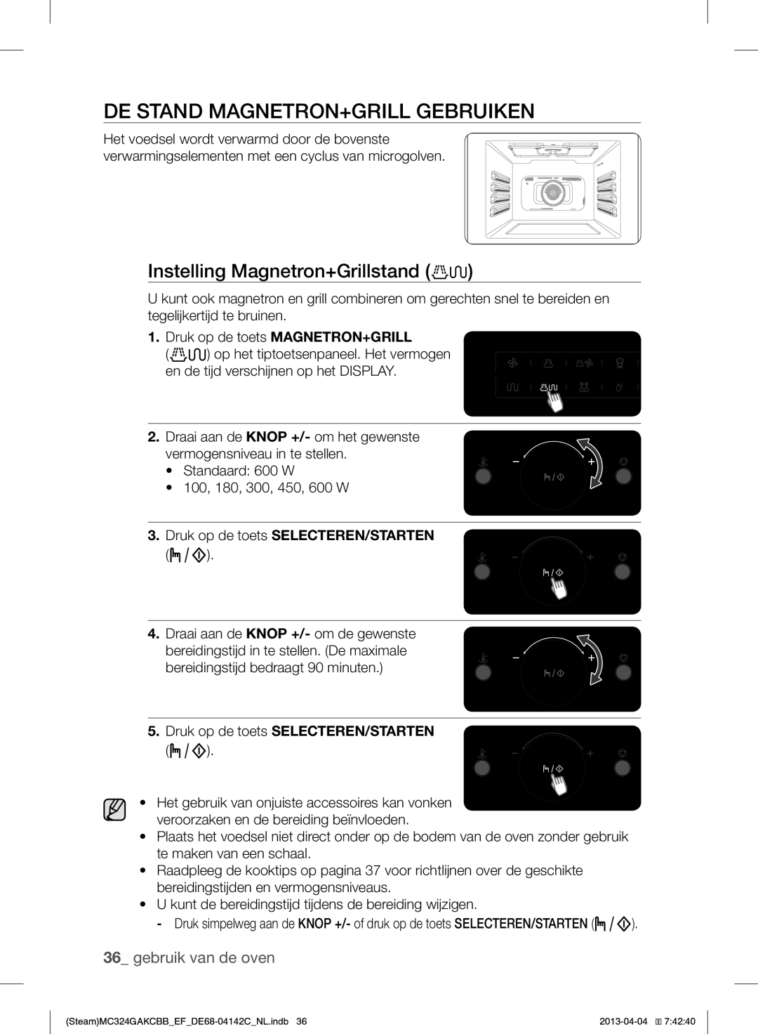 Samsung MC324GAKCBB/EF manual DE Stand MAGNETRON+GRILL Gebruiken, Instelling Magnetron+Grillstand 