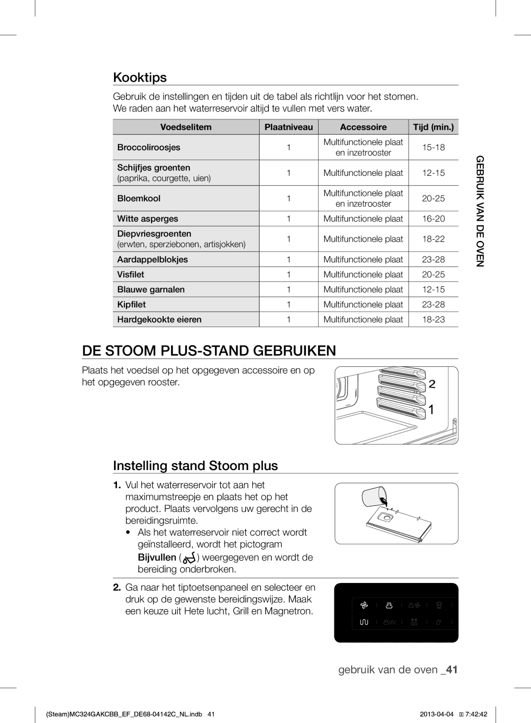 Samsung MC324GAKCBB/EF manual DE Stoom PLUS-STAND Gebruiken, Instelling stand Stoom plus 