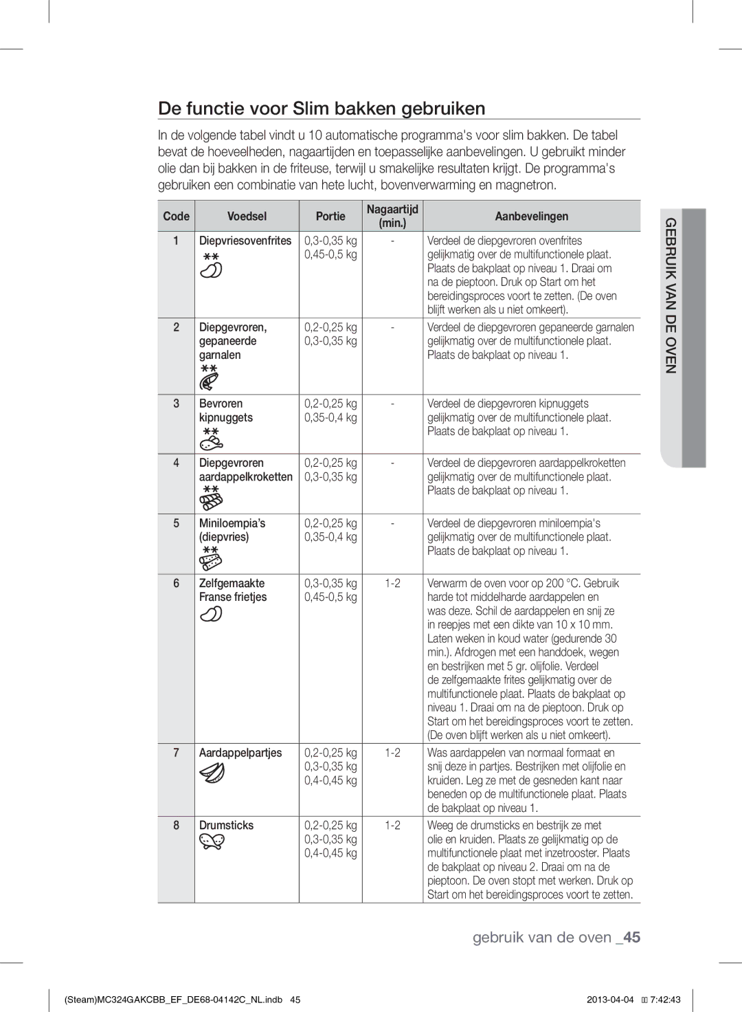 Samsung MC324GAKCBB/EF manual De functie voor Slim bakken gebruiken, Voedsel Portie, Aanbevelingen 