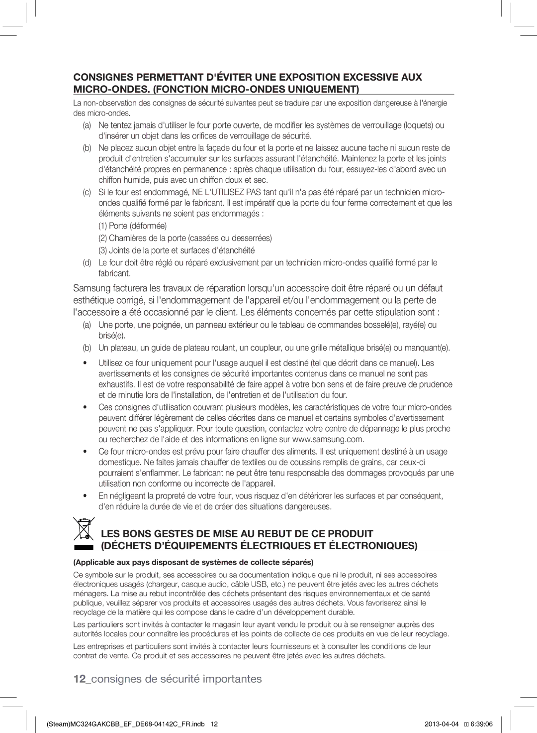 Samsung MC324GAKCBB/EF manual 12consignes de sécurité importantes 