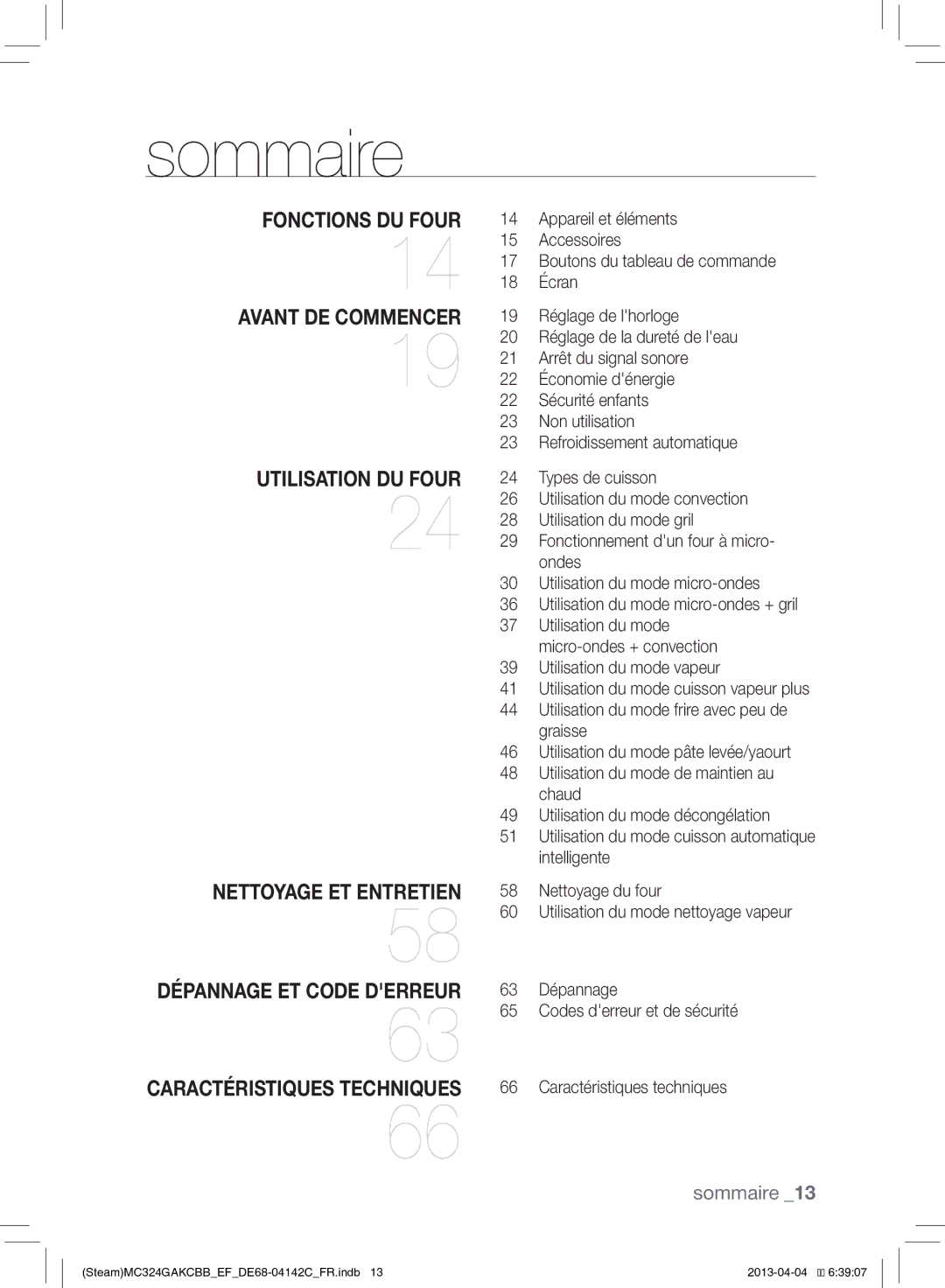 Samsung MC324GAKCBB/EF manual Sommaire, Utilisation du mode micro-ondes + convection 