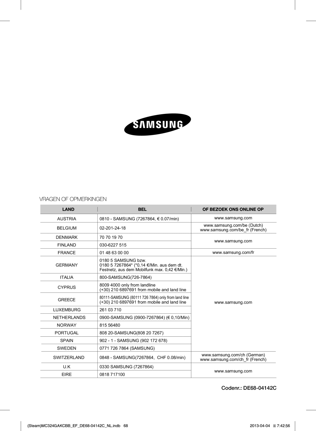 Samsung MC324GAKCBB/EF manual Codenr. DE68-04142C 